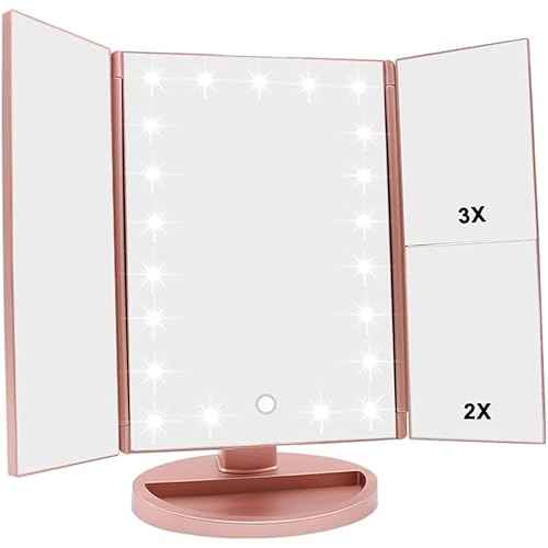 WEILY Makeup Mirror with 21 LED Lights,Two Power Supply Modes, Adjustable Touch Screen and 1x/2x/3x Magnification Tri-Fold Vanity Mirror,Chargeable Travel Cosmetic Mirror for Desktop(Rose Pink)