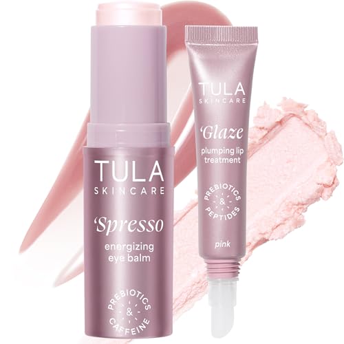 TULA Skin Care Eye + Lip Duo - Spresso Energizing Eye Balm 0.35 oz + Glaze Plumping Lip Treatment 0.28 oz, 2-Piece Kit