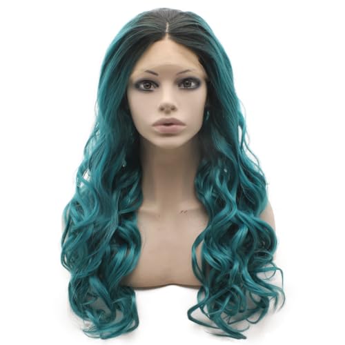 MX angel Long Wavy Ombre Blue Wig Half Hand Tied Synthetic Lace Front Wig Fiber Hair Costume Party Wig