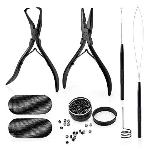 Gomake Microlinks Hair Extensions Kit, Hair Extension Closer and Removal Pliers, Micro Beads Pulling Hook & Microbead Loop Tool, Micro Links Silicone Rings Bead 200PCS(Black)