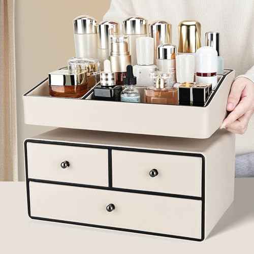 KINGFOM Leather Makeup Organizer with 3 Drawers, 2 Tier Cosmetic Storage Organizer for vanity Dresser Countertop and Bathroom Vanity, Beauty Holder for Lipstick Brush Skincare (Beige)