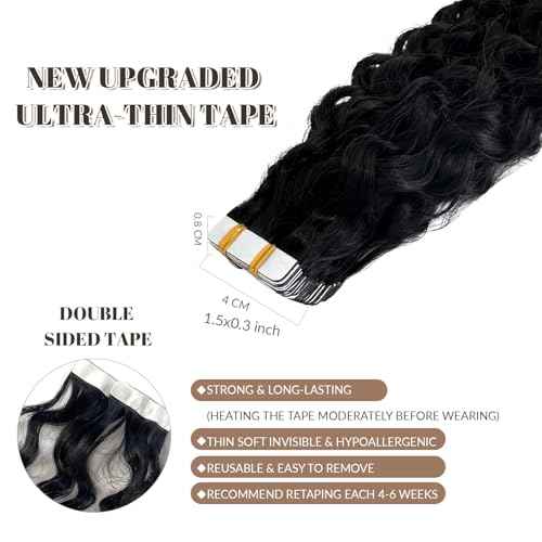 Water Wave Tape in Hair Extensions Human Hair, Natural Black Hair Extensions Real Remy Human Hair Tape ins for Black Women, 20 Inch 100g/pack 40pcs Double Sided Invisible Tape Hair Extension