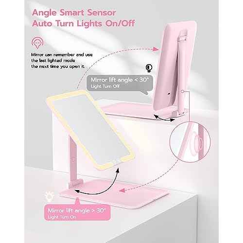 Anfauny Lighted Travel Makeup Mirror with Magnetic 10X Magnification, Vanity Portable and Foldable with Adjustable Stand, Rechargeable 3 Color Lights for Desk and Tabletop -Pink