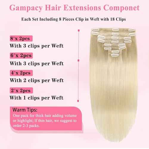 Clip in Hair Extensions Real Human Hair, Seamless Clip ins Real Human Hair for Women, Remy Human Hair Clip in Extensions, Double Weft 8pcs 18 inch Platinum Blonde