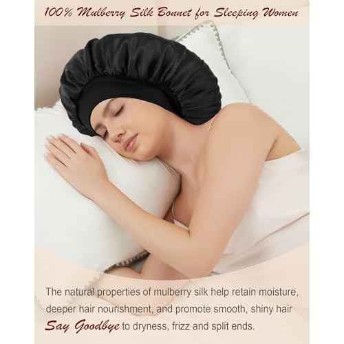 100% Mulberry Silk Bonnet for Sleeping Women, Real Pure Silk Bonnets, Double Layer Sleep Cap with Elastic Band for Curly Hair