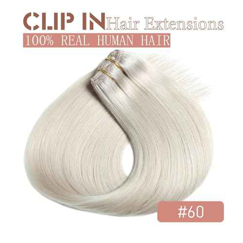 Clip in Hair Extensions Real Human Hair 22 Inch Clip ins Extensions Remy Human Hair for Women #60 Platinum Blonde Hair Extensions for Wedding,Daily Wear 80g/2.82oz 5pcs