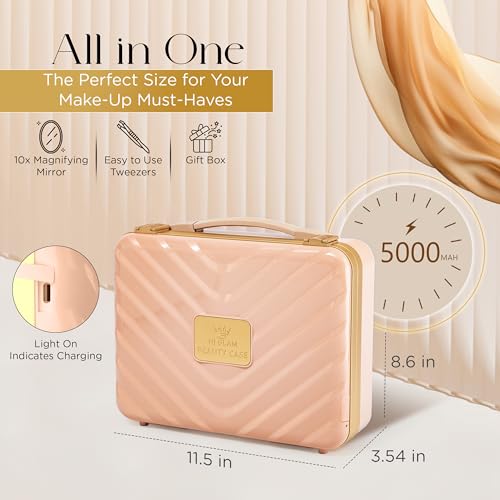 Travel Makeup Case with LED Mirror - Durable Makeup Case with Lighted Mirror with 3 Adjustable Light Settings - Rechargeable Makeup bag with light up Mirror - Mini 10x mirror included