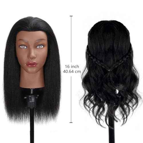 16" MQHIHI Mannequin Head Human Hair, 100% Real Hair Cosmetology Manikin Doll Head for Hairdresser Practice Braiding with Free Clamp Holder and Tools (16 Inch)