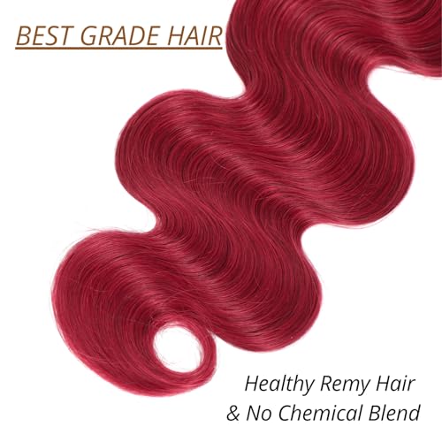 Red Burgundy Bundles Human Hair Body Wave, 12A Colored Bundles Human Hair 100% Unprocessed Remy Hair, Soft and Thick Burgundy Cherry Red 99J Single Wavy Sew in Quick Weave Double Weft 12 Inch