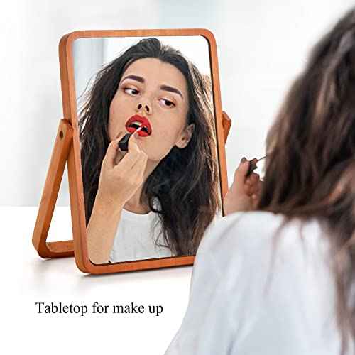 DEAYOU 2 Pack Vanity Mirror with Wood Stand, 360 Degree Rotation Makeup Mirror, 10" Rectangle Standing Swivel Cosmetic Mirror, Portable Wood Tabletop Mirror for Hanging, High-Definition, Pine