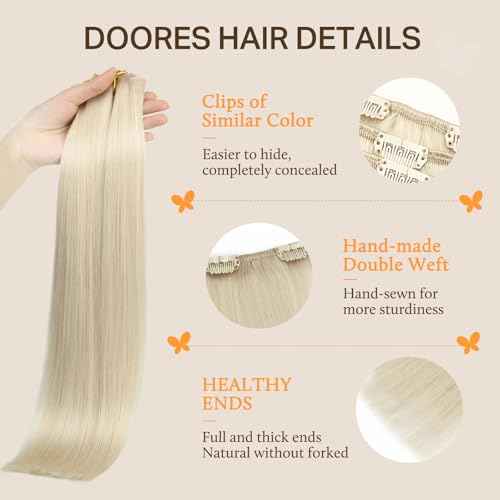 DOORES Hair Extensions Clip in Human Hair Platinum Blonde 20 Inch 120g 7pcs Clip in Real Human Hair Extensions Natural Human Hair Extensions Straight Thick