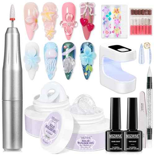 MIZHSE Solid Builder Nail Gel Kit with Nail Drill, Clear White 3D Sculpting Nail Gel for Nail Art with U V Lamp Brush for Nail Extension Home Salon DIY Manicure