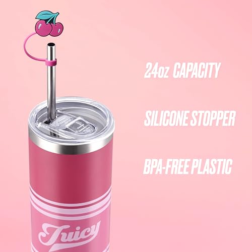 Juicy Couture Glam Slip 24oz Stainless Steel Hydration Tumbler with Straw Topper, Hot Pink Varsity
