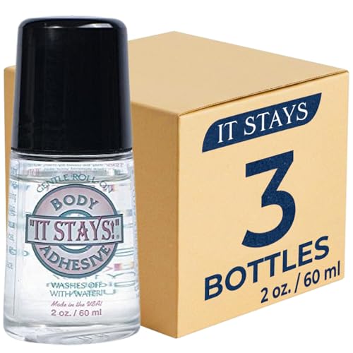 ABSOLUTE SUPPORT It Stays! Roll-On Body Fixative Glue 2 oz Adhesive - Made in USA - 3 Bottle Value Pack