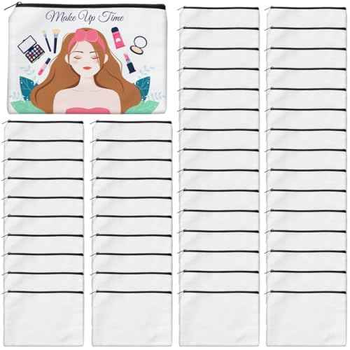 AMDAILY 50Pcs Sublimation Blank Canvas Makeup Bags, Bulk Blank DIY Heat Transfer Cosmetic Makeup Bags w/Black Zipper Gift Box for Bridesmaid Makeup Bag Travel Toiletry Pouch Storage, Christmas Craft