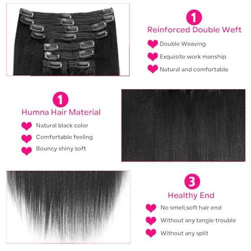 Yaki Straight Clip in Hair Extensions Real Human Hair 8Pcs Remy Human hair Clip ins for Women, Natural Soft Human Hair 120g 20inch #1B Natural Black