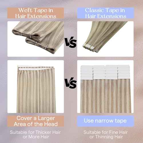 Full Shine Tape in Weft Hair Extensions Human Hair Color 18 Ash Blonde Highlight 613 Blonde Genius Weft Tape in Extensions Long Tape Weft for Daily Office Look Lightweight 18Inch 50G One Piece