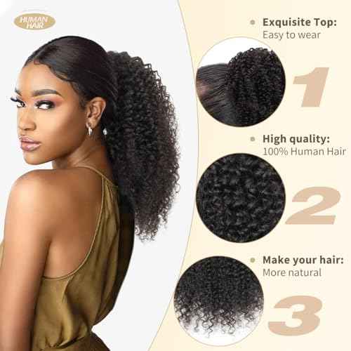 isheeny Natural Black Drawstring Ponytail 100% Human Hair Extension for Black Women 18Inch Voluminous Curly Style