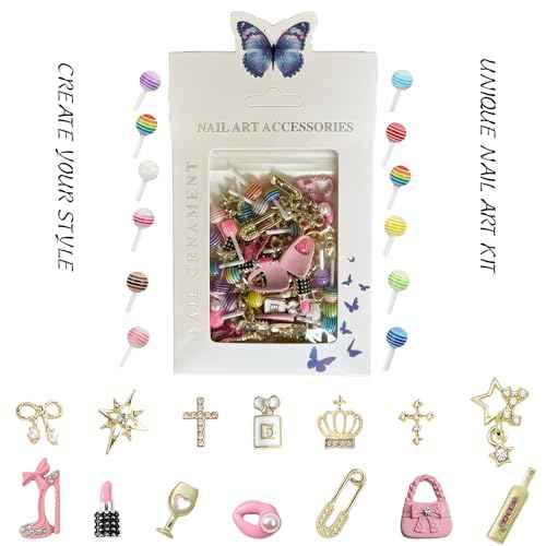 84 pcs 3D Gold Pink Nail Charms Y2K Set Cute Nail Charms with Stars, Crowns, Crosses,Bins,Lollipops, Lips, Bottles, Cups, Perfume, Lipsticks, Bags, and Heels for Nail Art