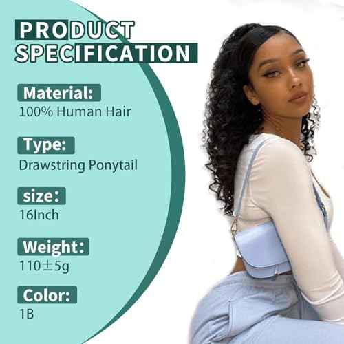Ponytail Extension Human Hair Curly Ponytail Extension for Black Women Long Afro Puffs Hair Buns Drawstring Ponytail Human Hair (16 Inch #1B Natural Black)