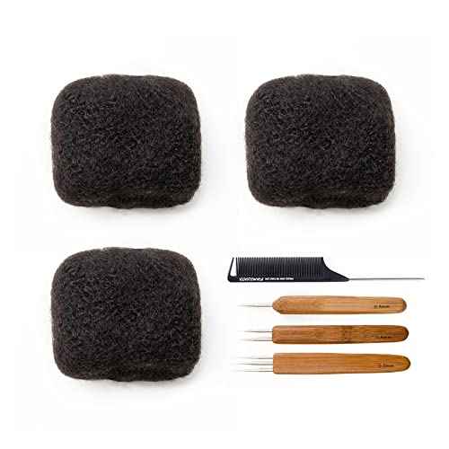 Tight Afro Kinky Bulk 100% Human Hair for Dreadlock Extensions, Locs Repair, Twists and Braids - 3 Bundles/Package (16 Inch, Natural Black)