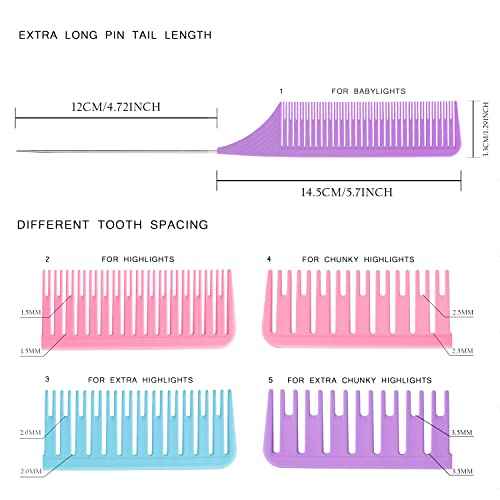 Ultimate Highlight Comb Set, 5 Sizes PEI Material, Heat Resistant Professional Balayage Comb with Extra Long Stainless Steel Needle (Purple)