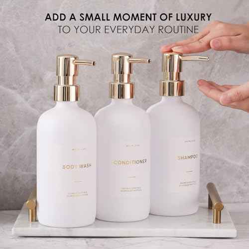 HOMCDALY Shampoo and Conditioner Dispenser, 21oz 3-Pack Refillable Pump Bottles, Shampoo Container, Empty Pump Bottle, Bathroom Shower Dispenser£¨21oz-White&Gold£©