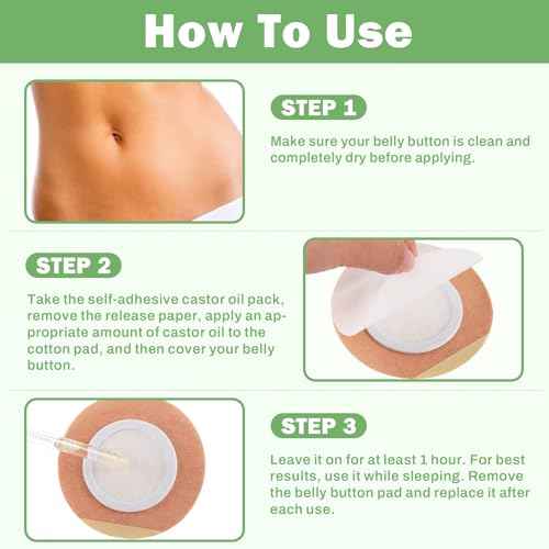 Castor Oil Belly Button Patch Set ? 60pcs Castor Oil Patches in 3 Shapes with 4oz Organic Cold-Pressed Castor Oil Glass Bottle ? Disposable, Leakproof, Skin-Friendly Castor Oil Pack Wrap