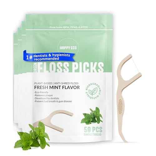 Floss Picks Biodegradable (200pcs) - Natural Dental Floss Picks, Vegan, Sustainable, Reusable, Shred Resistant and Nontoxic Plant-Based Material - Single Thread Mint