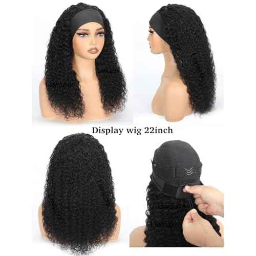 Water Wave Headband Wig Human Hair 18inch Curly Drawstring Headband Wigs Human Hair Wear and Go Glueless Wigs for Black Women Brazilian Virgin Hair 220 Density Natural Color
