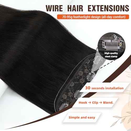 Invisible Wire Hair Extensions Real Human Hair - 22 Inch 95G P4/27 Chocolate Brown Highlighted Honey Blonde Transparent Fish Line Clip-Ins Hair Piece, 100% Remy Human Hair Extensions for Women