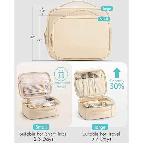 Vlando Travel Makeup Bag,Portable Cosmetic Bag Makeup Case Organizer, Makeup Bag with Adjustable Dividers for Women,Girls,Wedding,Cosmetic Brushes,Toiletry,Gifts,Anniversary-Beige