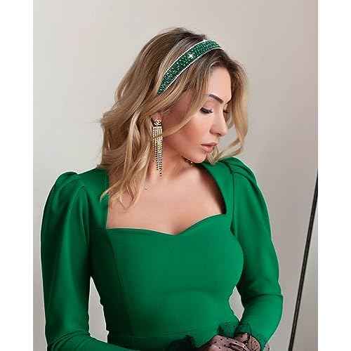 Wecoe Rhinestone Headband - Dark Green Bling Sparkly Crystal Diamond Thin Hair Band for Women & Girls, Fashion Accessory for Holiday, Birthday Gift