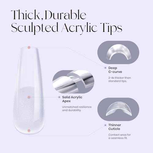 Tipex Instant Apex Nail Tips: Long Coffin, Full Cover Gel, Thicker Acrylic, Strong Hard Clear Pre-etched Press-on Nails