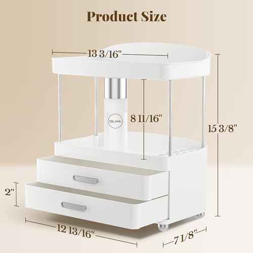 Delamu Bathroom Counter Organizer with Lipstick Holder, 4 Tier 2 Drawers Makeup Organizer, Bathroom Organizers and Storage for Vanity, Office, Perfume, Skincare, White