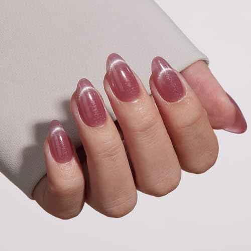 VSALON Short Almond Press-On Nails, 42 Count (Pack of 1), French Tip & Cat Eye, Cream Finish, Plastic, 16 Sizes & 10 Alternative Nails, UV Glue, Easy Tabs, Remover (Rose Sweetheart)