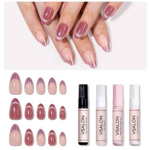 VSALON Short Almond Press-On Nails, 42 Count (Pack of 1), French Tip & Cat Eye, Cream Finish, Plastic, 16 Sizes & 10 Alternative Nails, UV Glue, Easy Tabs, Remover (Rose Sweetheart)