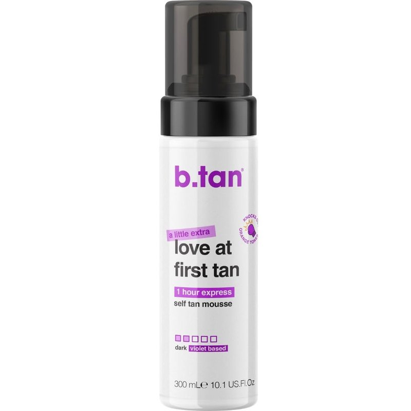 b.tan Large Violet Base Self Tanner Mousse | A Little Extra Love At First Tan - 1 Hour Express Sunless Tanning Foam, Cancels Orange Tones, Dark Bronze Glow, No Fake Tan Smell, Face & Body, 10.1 Fl Oz