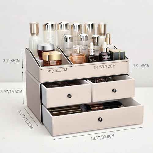 KINGFOM Leather Makeup Organizer with 3 Drawers, 2 Tier Cosmetic Storage Organizer for vanity Dresser Countertop and Bathroom Vanity, Beauty Holder for Lipstick Brush Skincare (Beige)