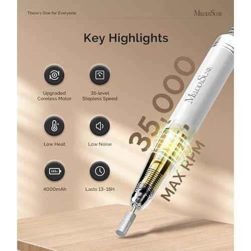 MelodySusie Professional Clip-On Cordless High-Efficiency Nail Drill, MM400C 35000RPM Rechargeable Electric File with Lightweight Handpiece for All Manicure Shaping, Gel Removal & Salon Use