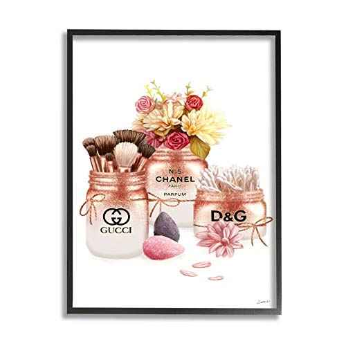 Stupell Industries Fashion Cosmetic Jars and Floral Bouquet Ziwei Li Black Framed Wall Art, 24 x 30