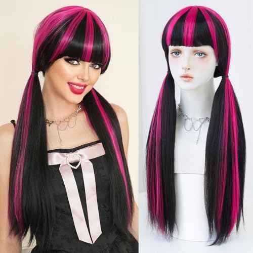 7JHH WIGS Wigs 28in Long Straight Wig Halloween Lolita Double Ponytail Wig for Women Black Wig with Rose Pink Highlight Cosplay Party wigs High Temperature Heat Resistant Fiber Natural Hairline Wig