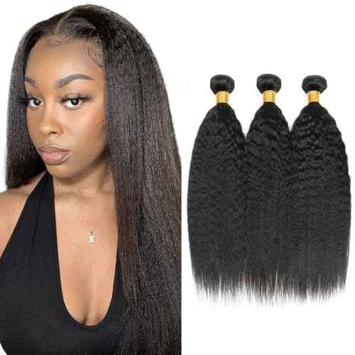Human Hair Bundles Yaki Straight Bundles 30 30 30 Inch #1B Natural Color Kinky Straight Human Hair Extensions Double Weft Unprocessed Brazilian Virgin Hair 3 Bundle 50 Grams Per Bundle