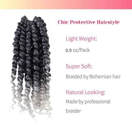 BOHOBABE Pre-twisted Passion Twist Crochet Hair 6 Inch Short Ombre Gray Pre-looped Crochet Passion Twist Braiding Hair 8 Packs (T1B/grey)