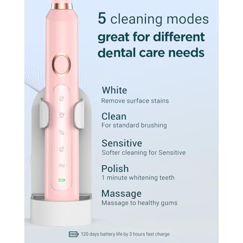 Rtauys 2 Pack Electric Toothbrush for Adults - 2 Rechargeable Electric Toothbrushes with 12 Brush Heads & 2 Travel Case, Power Electric Toothbrush with Holder, 3 Hrs Charge for 120 Days - Black+Pink