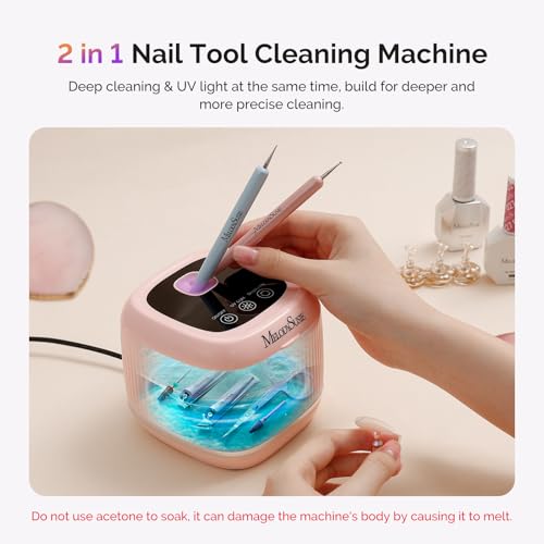 [2025 Upgraded] MelodySusie 2 in 1 Nail Tool Cleaning Machine, 3 Timers Mode for Nail Drill Bits, Nail Art Brush, Nail Clipper, Jewelry Cleaning, Salon & Home Use, Pink,DL-160