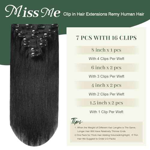 Missme Black Clip In Hair Extensions Real Human Hair 14 Inch 110g 7pcs #1 Jet Black Remy Human Hair Clip In Extensions For Women Invisible Straight Seamless Clip Ins Hair Extensions Double Weft