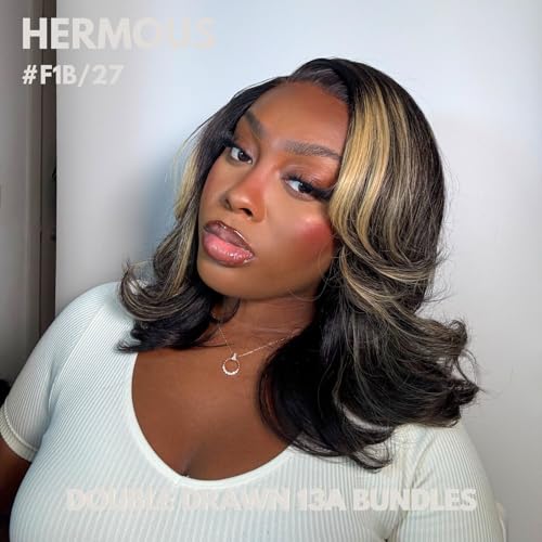 13A Double Drawn FB/27 Human Hair Bundles Body Wave Blonde Highlight Color, Honey Blonde with Black Single Bundle Human Hair 100% Unprocessed Hair Colored Single Bundle Wavy Sew In 10 Inch