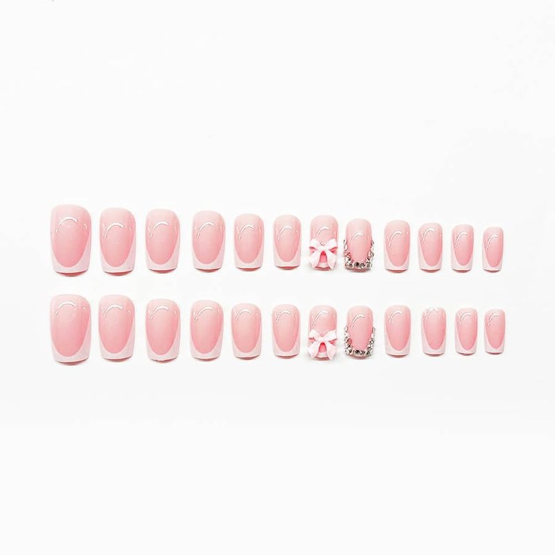 24Pcs White French Tip Press-On Nails - Medium Coffin Design with Bow Charms & Rhinestones | Pink Acrylic Full Cover
