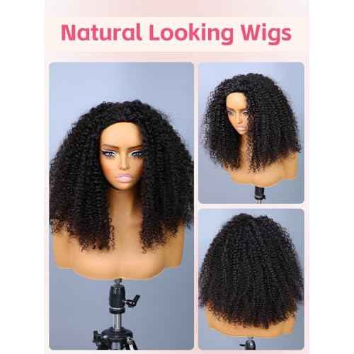 ORIGINAL QUEEN Kinky Curly Half Wig Human Hair Wear And Go Glueless Wigs Curly 3 In 1 Half Wigs for Women Drawstring Seamless Flip Over Glueless Wigs Beginner Friendly 18 Inch